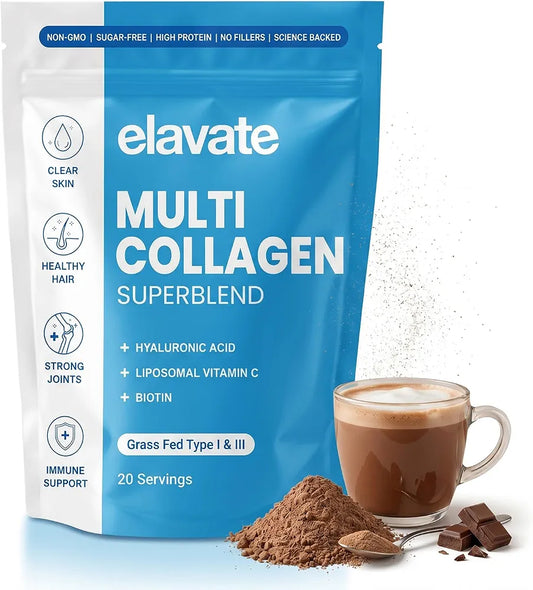 Elevate Multi Collagen Superblend Powder, Chocolate Flavor, 220g Sugar-Free Protein with Hyaluronic Acid & Vitamin C for Skin, Hair, Nails & Joint Support