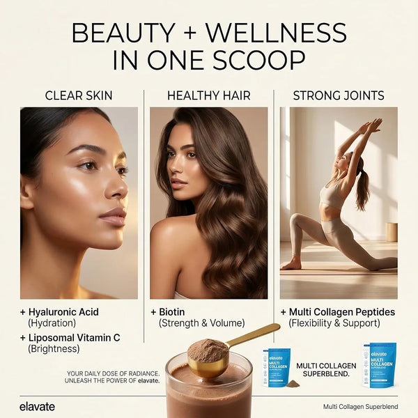 Elevate Multi Collagen Superblend Powder, Chocolate Flavor, 220g Sugar-Free Protein with Hyaluronic Acid & Vitamin C for Skin, Hair, Nails & Joint Support
