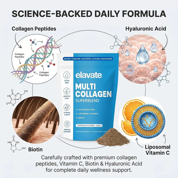 Elevate Multi Collagen Superblend Powder, Chocolate Flavor, 220g Sugar-Free Protein with Hyaluronic Acid & Vitamin C for Skin, Hair, Nails & Joint Support